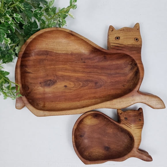 none Other - Vintage wood carved cat bowls set of 2